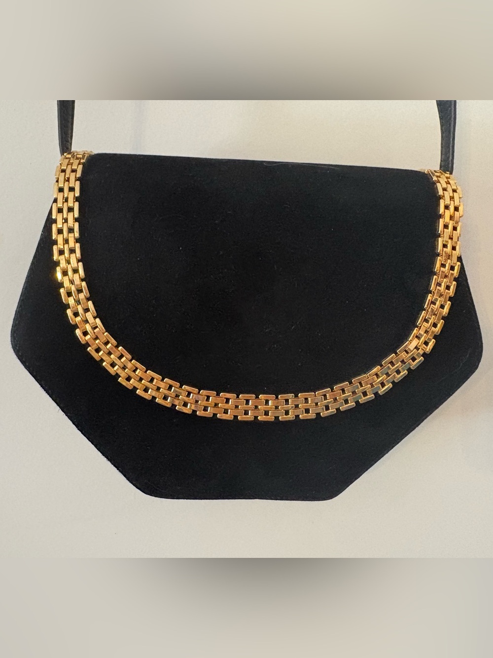 Black Suede Elegant Evening Bag Clutch with Gold Chain Detail